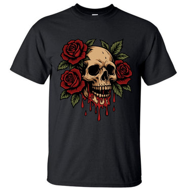 Black t-shirt with a skull and roses design on a white background